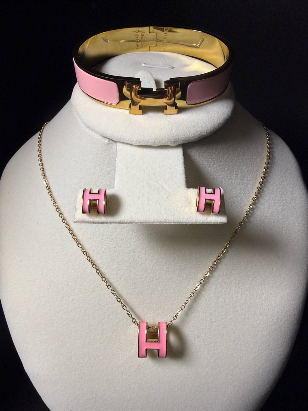 Pink Enamel Necklace, Bracelet & Earring Set - Gold Tone